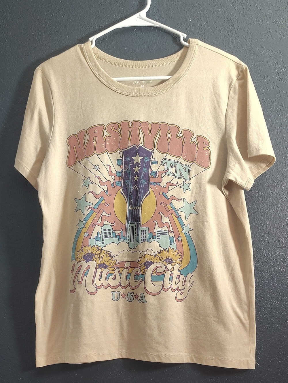 Zoe + Liv Cream Nashville Music City Graphic Tee with Multicolor Retro Print
